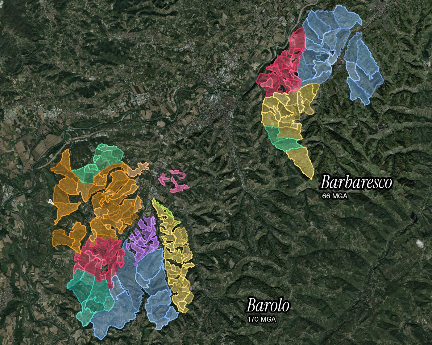Le MGA di Barolo e Barbaresco colorate per comune sul rilievo delle Langhe